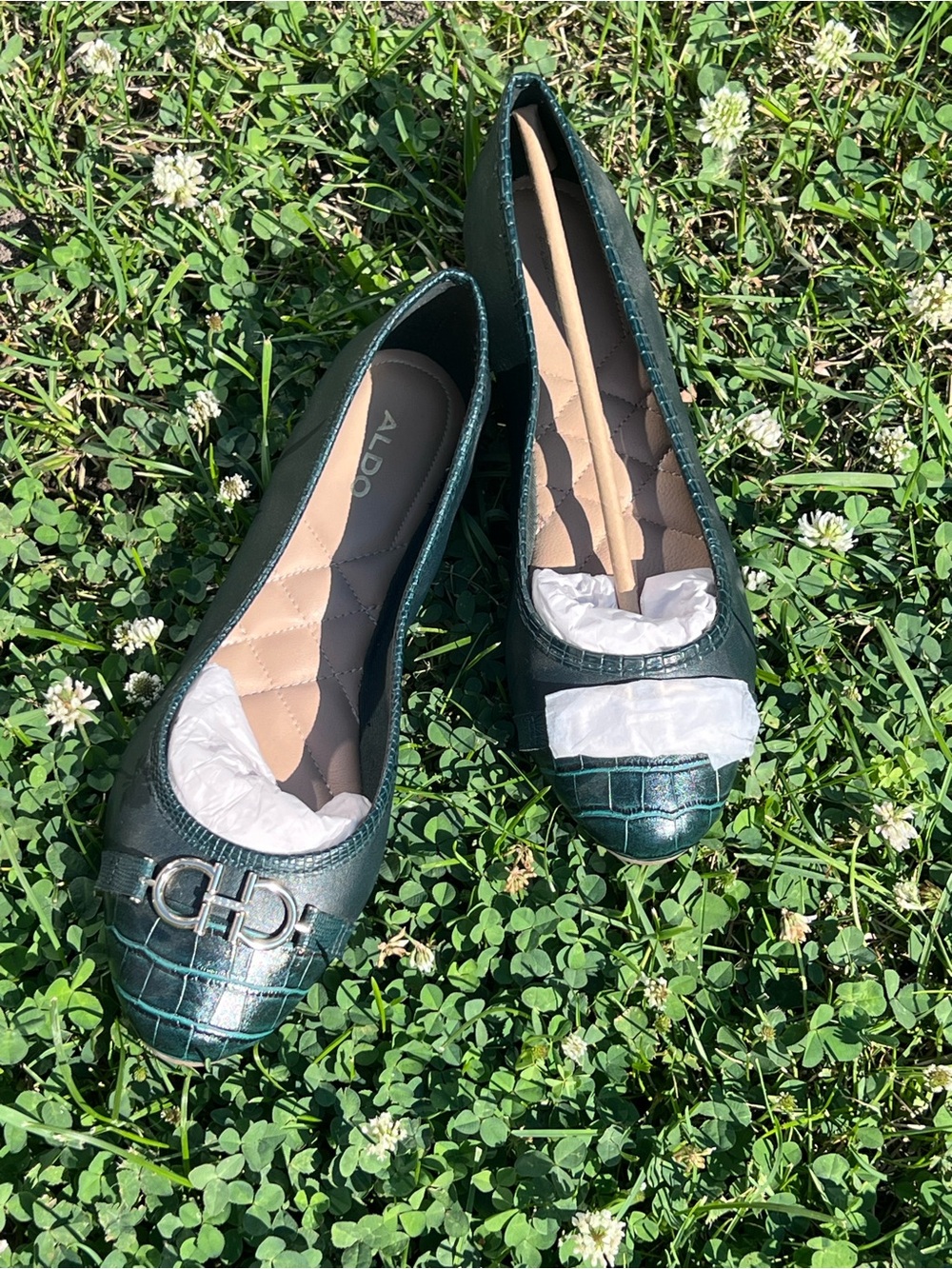 ALDO Dark Green Croc-Embossed Ballet Flats with Metal Buckle